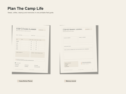 Camping Adventure Planner camp kitchen and memory journal pages