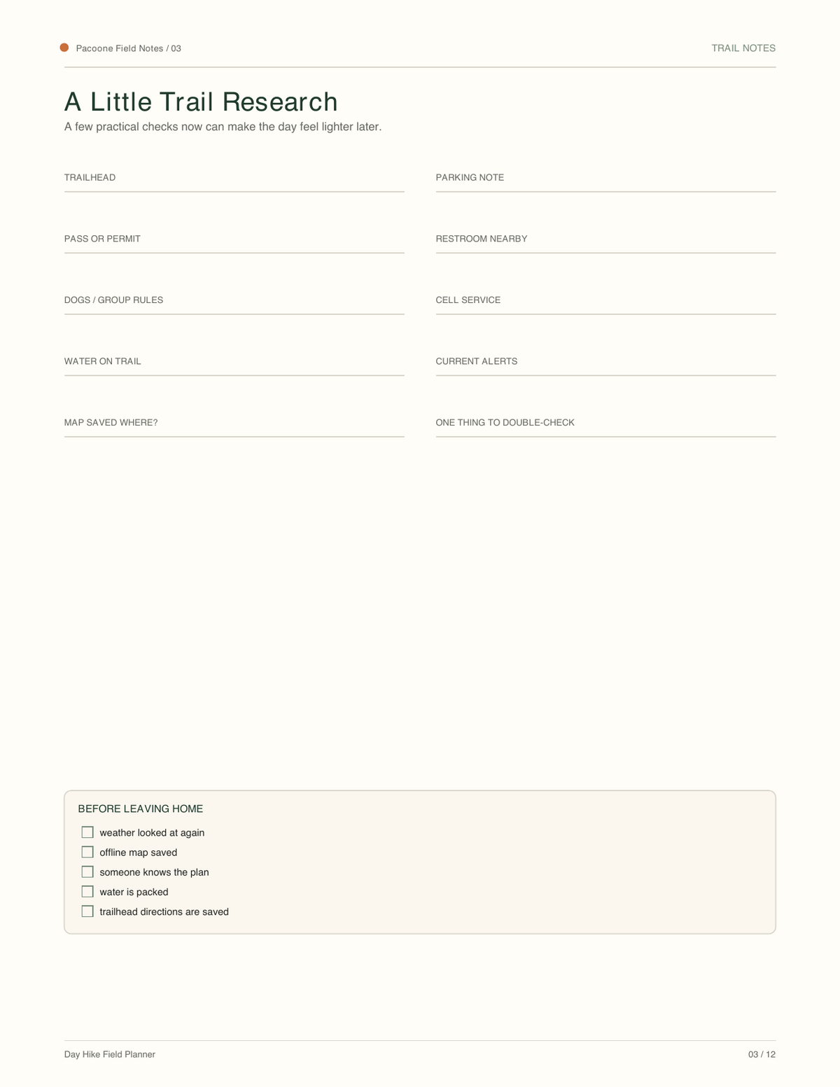 Day Hike Field Planner trail notes page