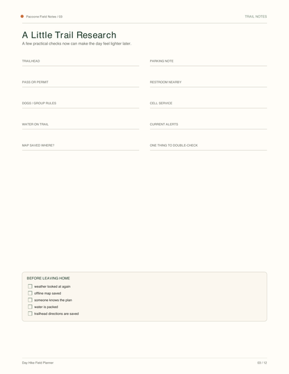 Day Hike Field Planner trail notes page