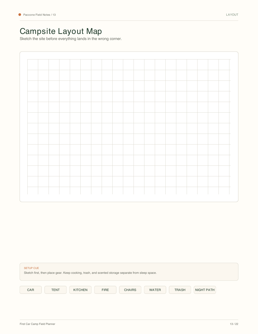 First Car Camp Field Planner campsite layout page