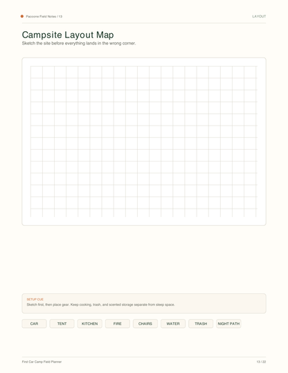 First Car Camp Field Planner campsite layout page