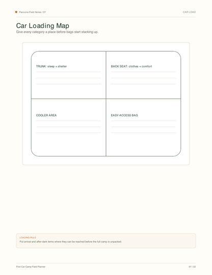 First Car Camp Field Planner packing zones page
