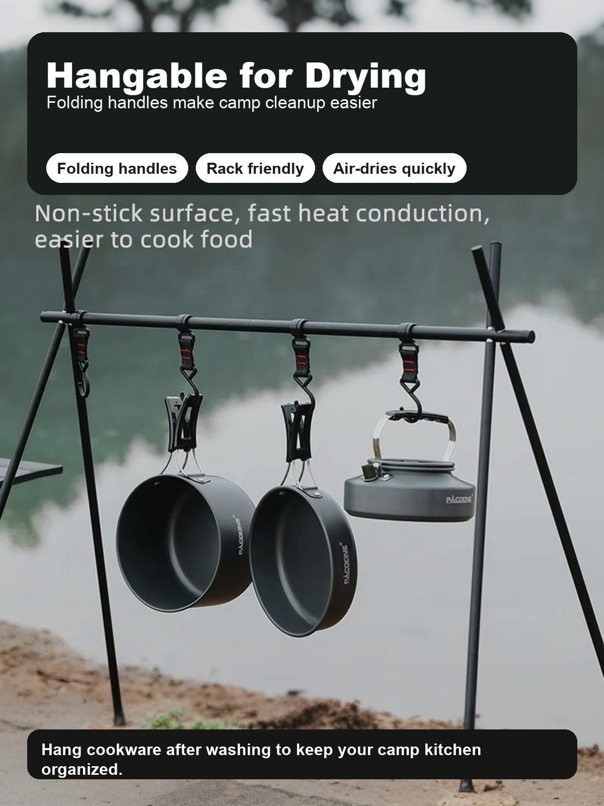 Hangable drying feature for PACOONE camping cookware set