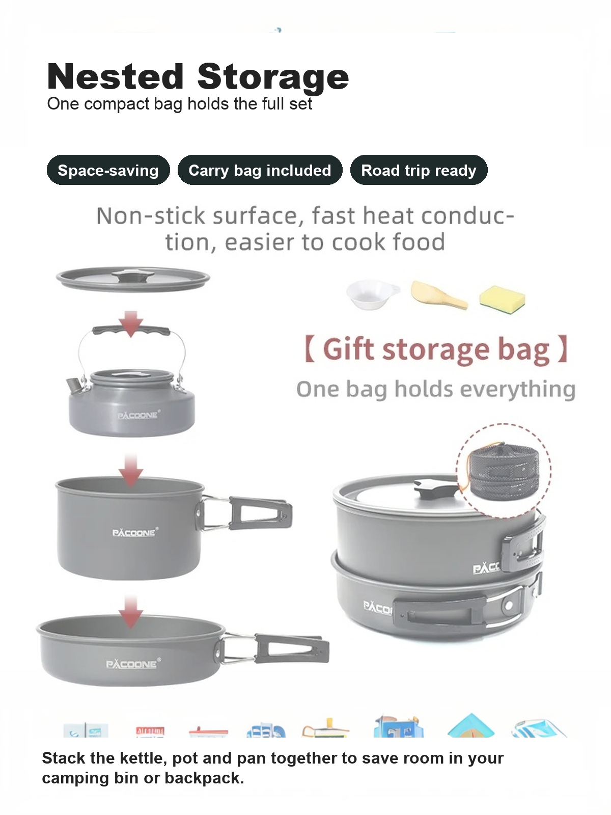 Nested storage feature for PACOONE camping cookware set