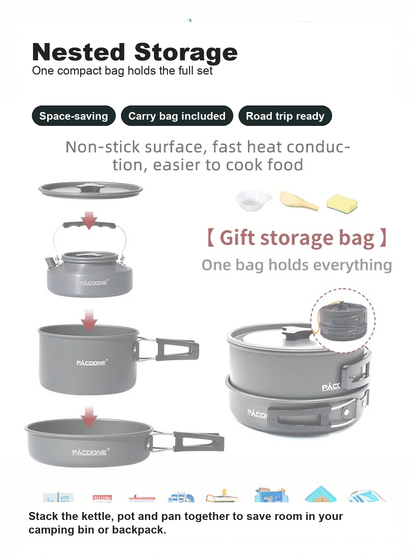 Nested storage feature for PACOONE camping cookware set