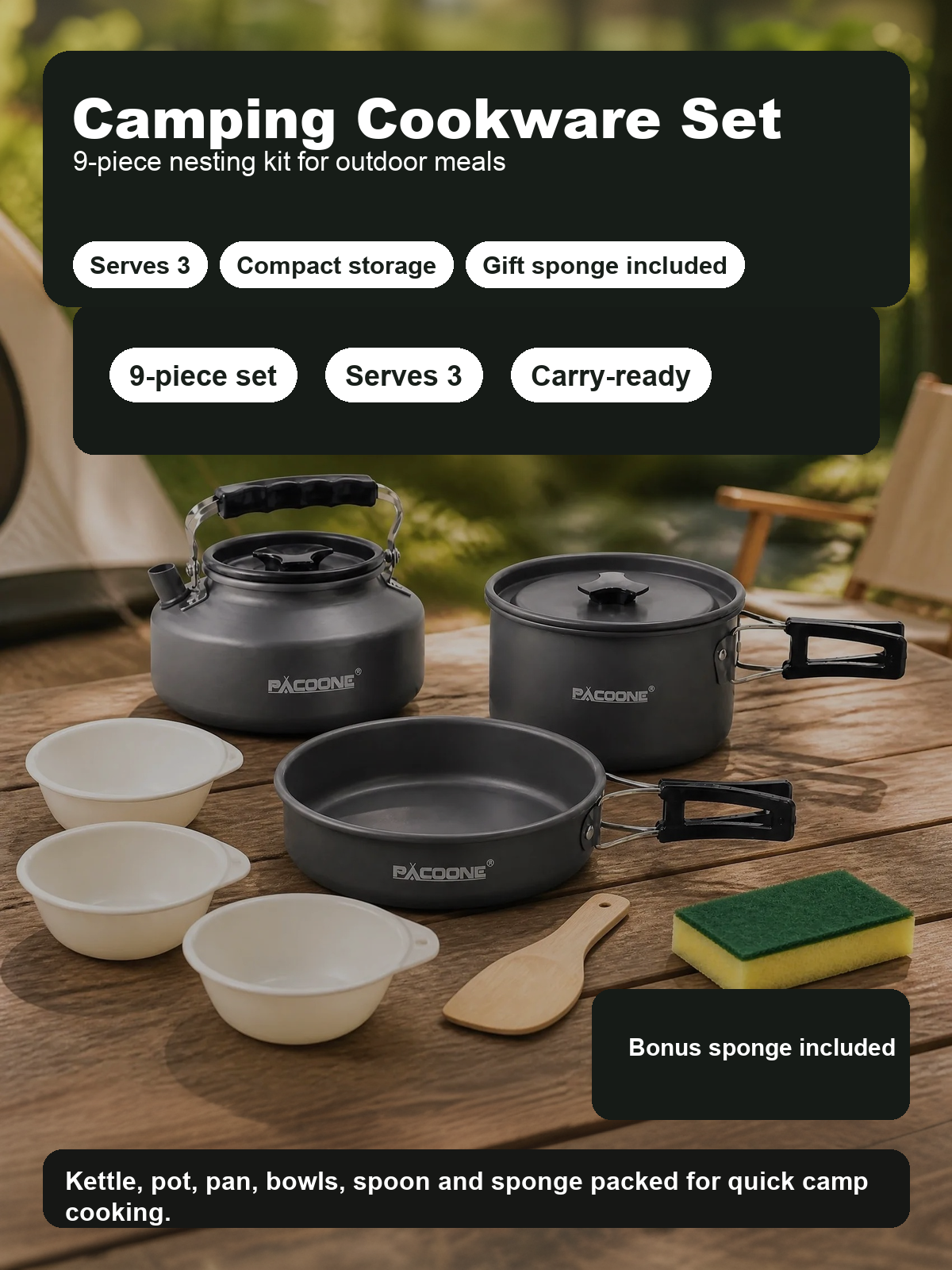 PACOONE 9-piece camping cookware set with kettle, pot, pan, bowls, spoon and sponge